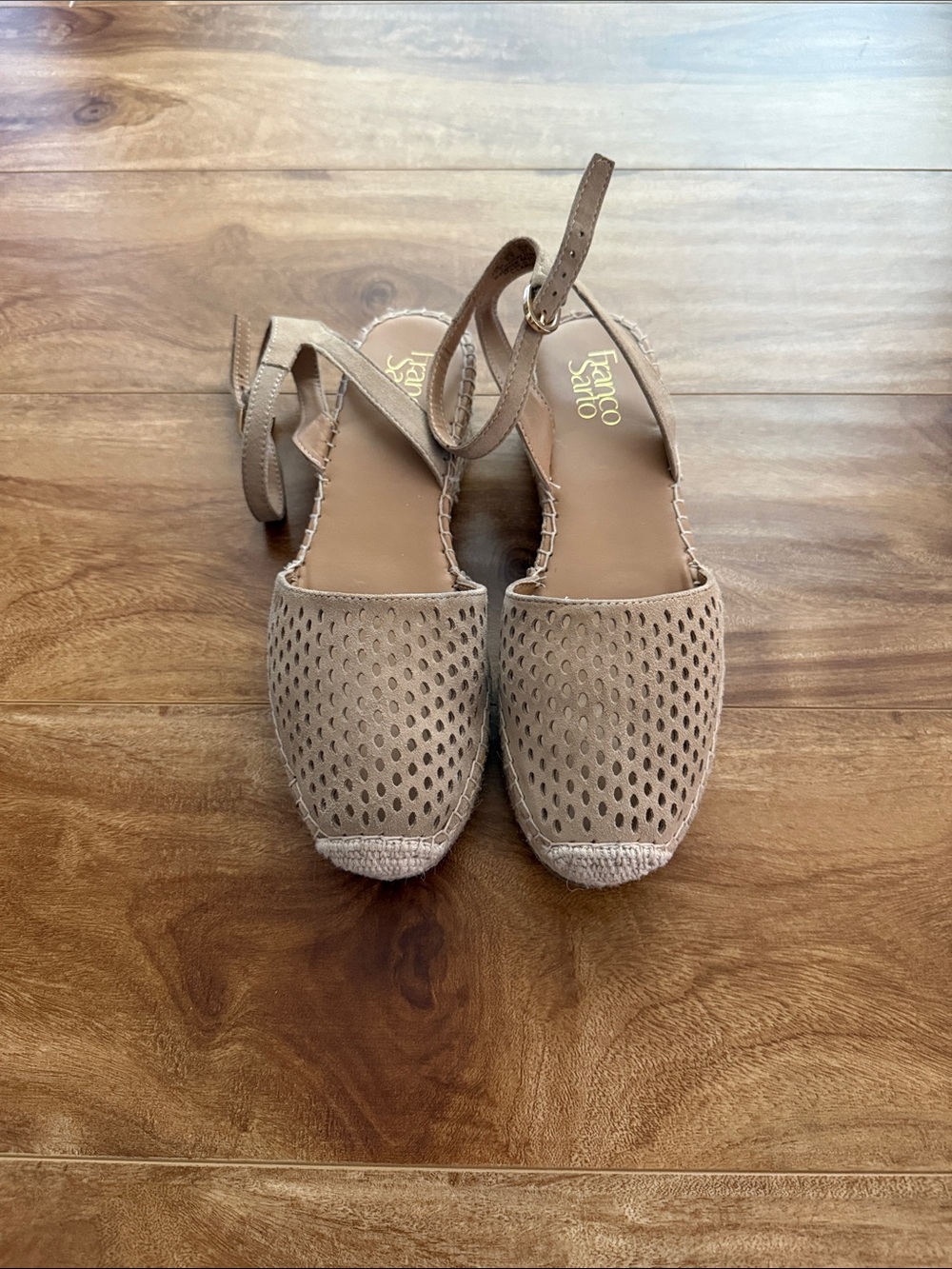 Franco Sarto Taupe Perforated Espadrille Ankle-Strap Flats